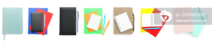 Collage of stylish notebooks with stationery on white background