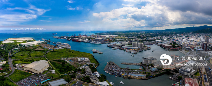 Aerial view, city view of Port Louis with harbor, old town and financial district, Mauritius