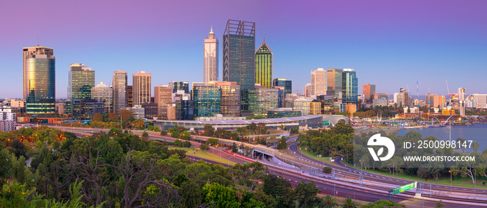 Perth. Panoramic cityscape image of Perth skyline, Australia during twilight blue hour.