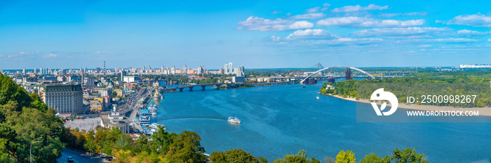 Aerial view of Dnieper riverside in Kyiv, Ukraine