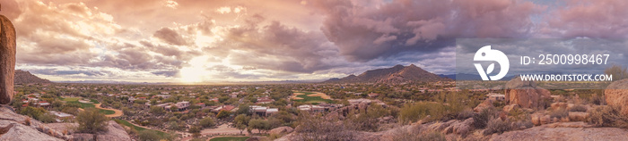 Panorama desert landscape view of North Scottsdale, Carefree,Cavecreek, Boulders area in Arizona, North of Phoenix.