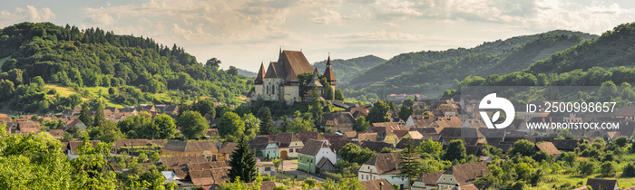 Panorama of Biertan fortified saxon church, Unesco World Heritage site, in Biertan village, Transylvania, Romania, Europe