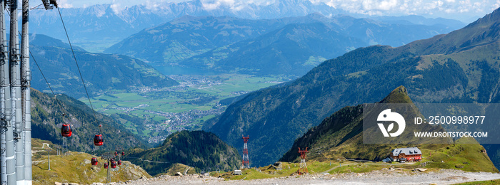 view from the mountain Kitzsteinhorn onto the Zeller basin and the gondola cableway glacier jet in summer, Austria