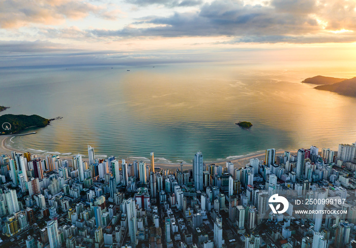 aerial photo with drone of the city of Balneário Camboriú at sunrise