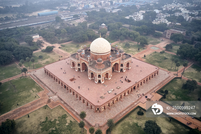 Aerial view of the Humayun’s Tomb in Delhi, India. Humayun’s tomb is the tomb of the Mughal Emperor Humayun