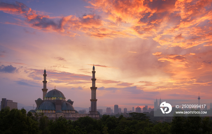 View of public mosque, Wilayah persekutuan mosque at sunrise in Kuala Lumpur, Malaysia