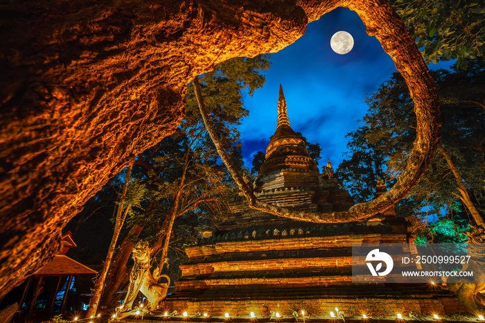 Lights from the candle lit at night around the church of Buddhist in Thailand