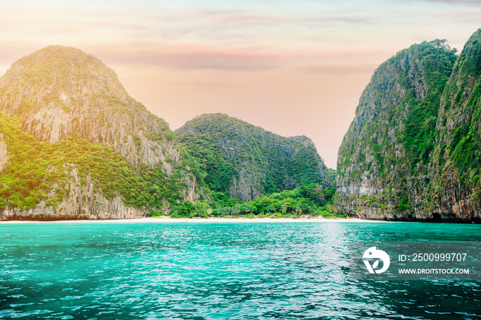 The beautiful Maya bay on Phi Phi Islands. The bay is closed for tourists, because they are planting corals.