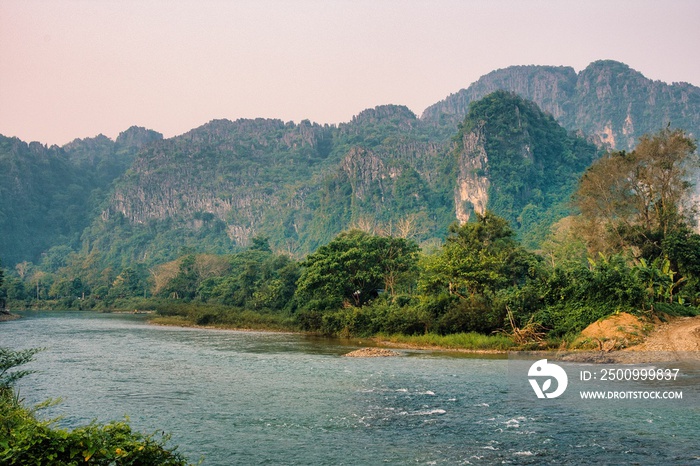 Surreal landscape by the Song river at Vang Vieng, Laos. High quality photo