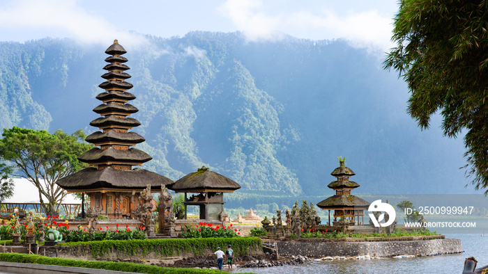 Two spires of the floating Pura Bratan hindu temple on Lake Bratan, Bedugul, Bali, Indonesia.