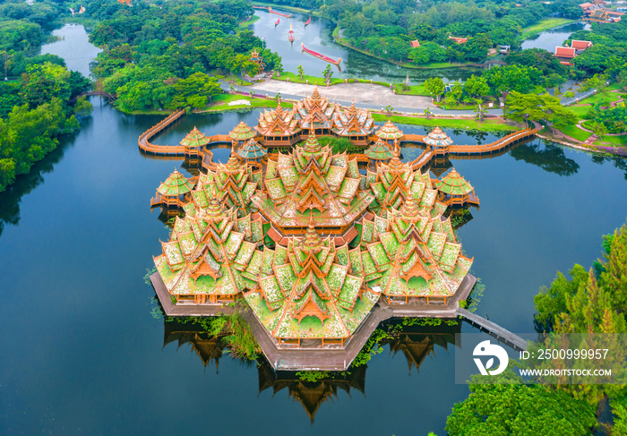 Aerial view the Pavilion of the Enlightenment in Ancient city Samut Prakan of Thailand.