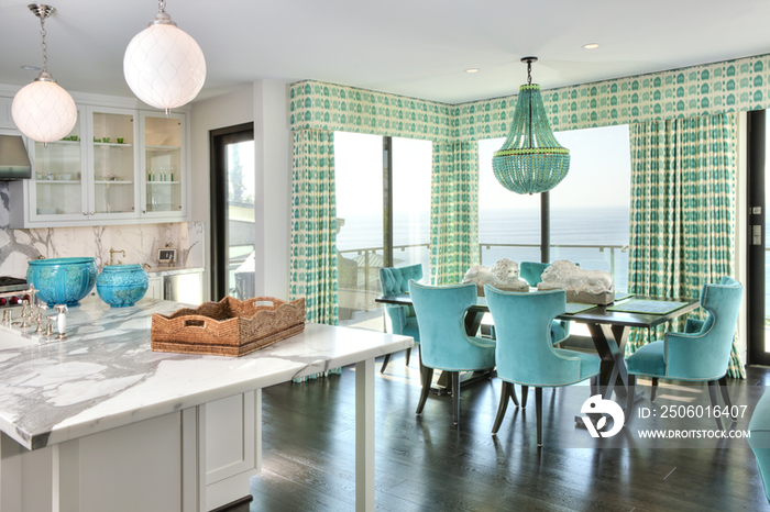 Open plan of kitchen and dining area; California; United States of America