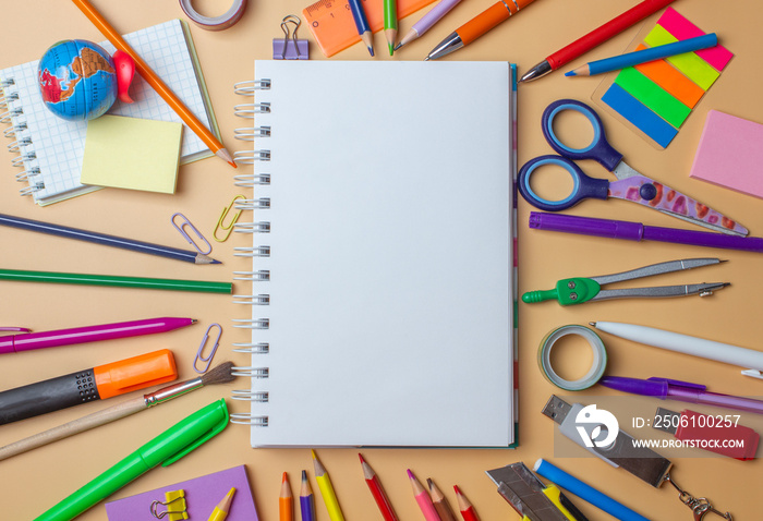 School supplies on colorfull background. Copy space
