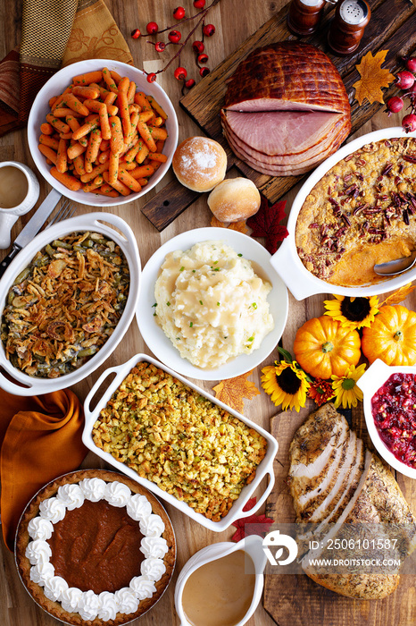 Overhead view of Thanksgiving dinner