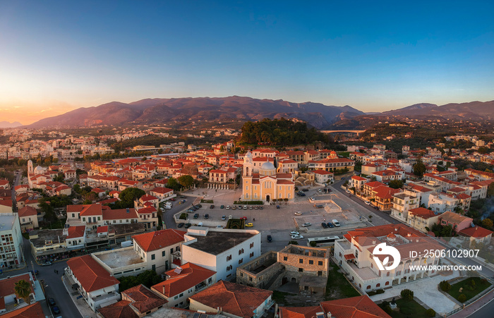 Aerial view around the castle hill area and the Metropolitan church of Ypapanti in the old historica