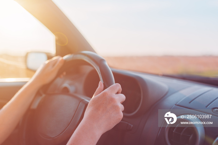 Female hands holding car steering wheel