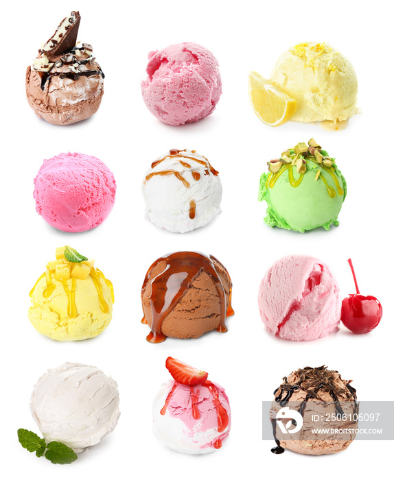 白色背景上的不同冰淇淋球