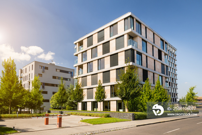 View of modern block of flats with blue sky