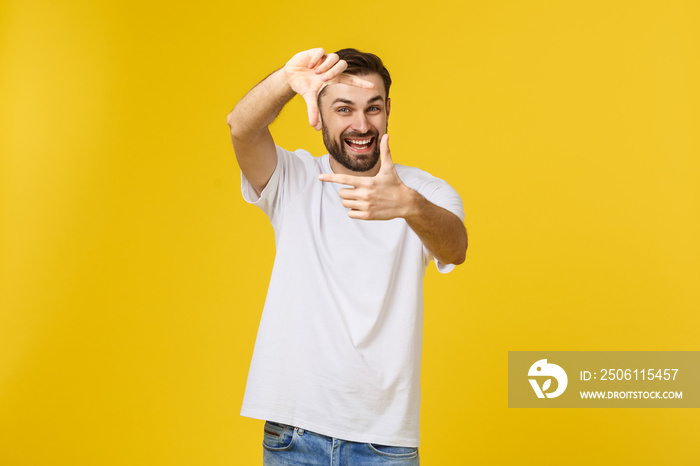 Handsome Irish redhead man with beard wearing glasses over yellow isolated background smiling making