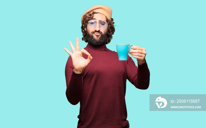 French artist with a beret holding a coffee