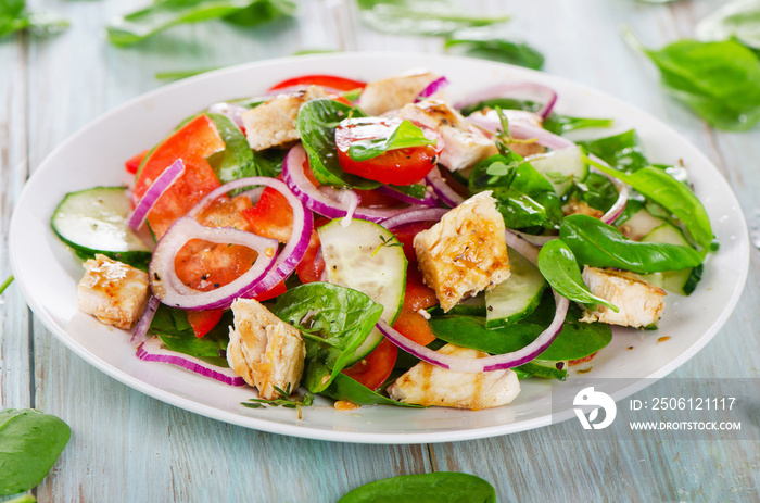 Fresh salad with grilled chicken breast.