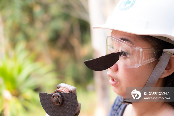 Wear safety glasses saved this technician woman is eye while working because plugin cutting disc met