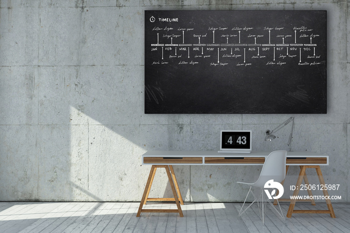 Modern minimalist workstation with business doodles sketched on a blackboard above a small neat desk