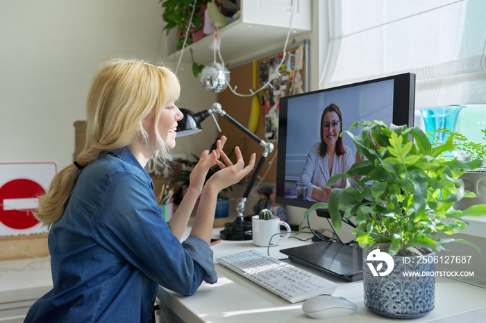 Teen girl talking online with psychologist, social worker