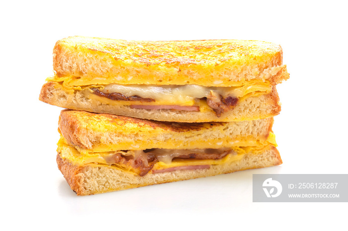 French toast ham bacon cheese sandwich with egg