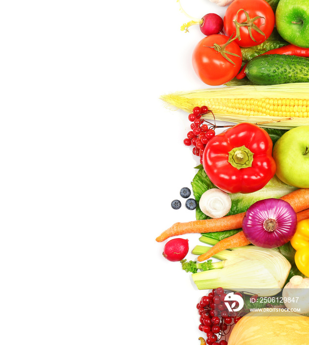 Colourful fruits and vegetables on white background