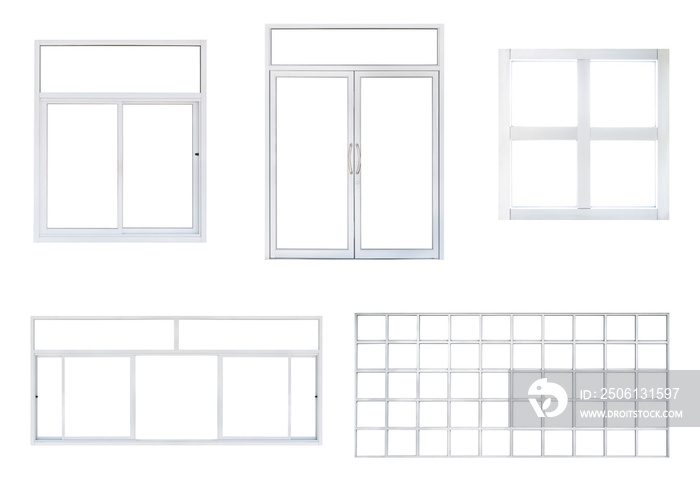 Real modern office window and door  frame set isolated on white background, double pvc panes in vari