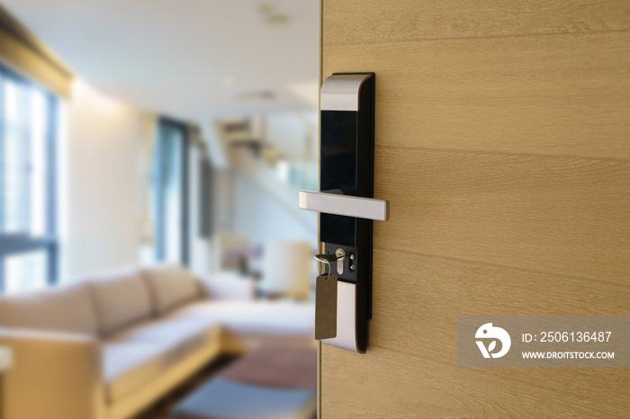 Digital Door handle or Electronics knob  for access to room security, Door wooden half opening throu
