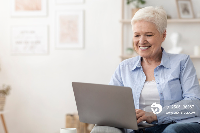 Positive Elderly Lady Using Laptop Computer At Home