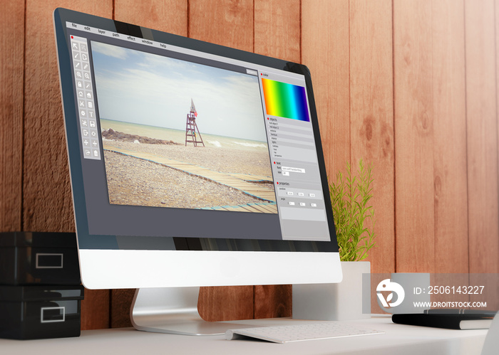 带电脑照片编辑器的现代工作空间