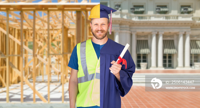 Split Screen Male Graduate In Cap and Gown to Engineer in Hard Hat Concept