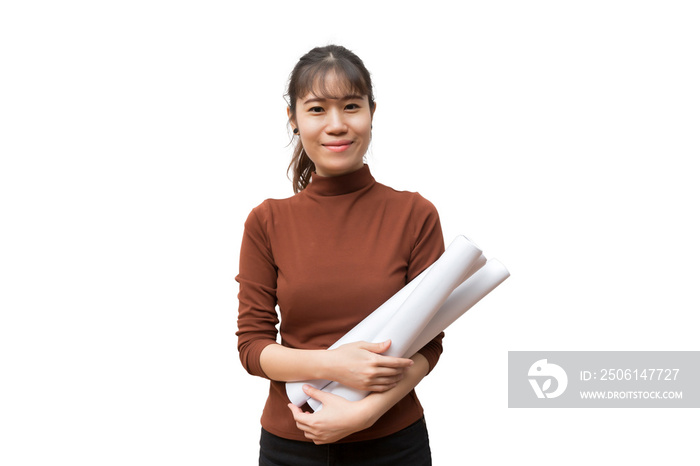 Female architect with blueprint isolated on white background.