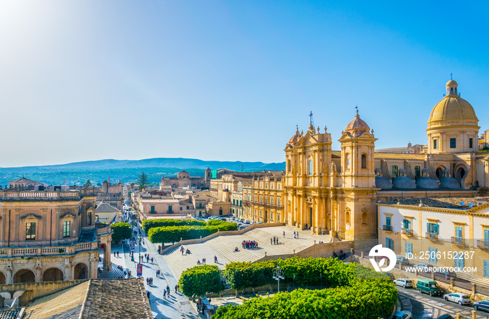 Aerial view of Noto including Basilica Minore di San Nicolò and Palazzo Ducezio, Sicily, Italy