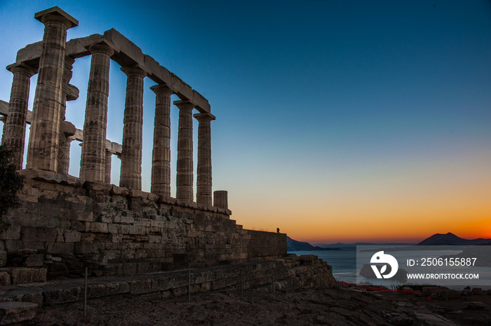 Ancient Greek temple of Poseidon / Neptune, at Cape Sounion near Athens, during sunset