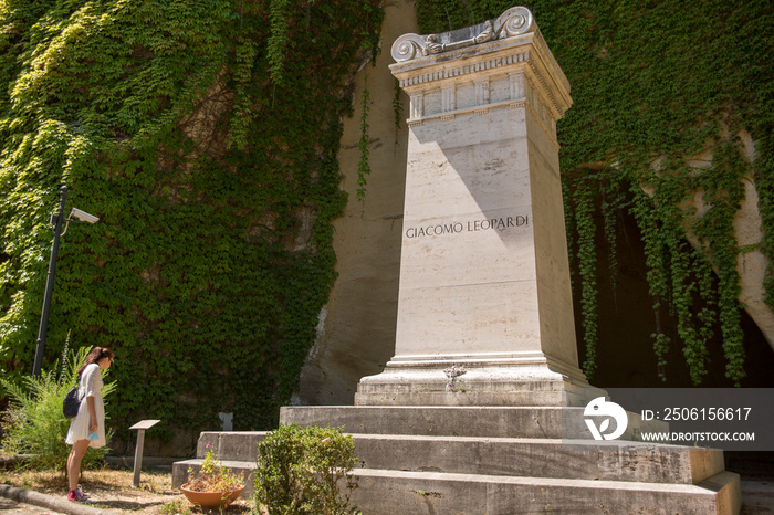 Tomb of Giacomo Leopardi at the Vergiliano park in Naples, Italy. The mauseleo consists of a column 