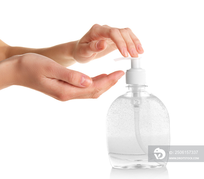 使用液体肥皂隔离在白色上的女性手