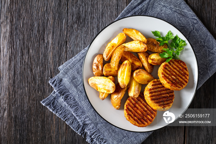 grilled fish burgers with baked potato wedges