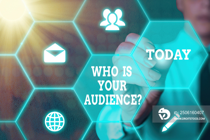 Text sign showing Who Is Your Audience Question. Business photo text who is watching or listening to