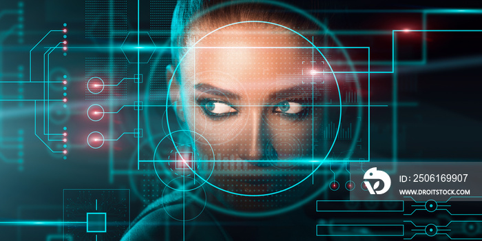 人脸识别概念。计算机系统扫描美丽女性的面部，创意拼贴