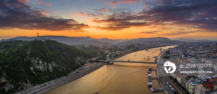 Budapest, Hungary - Aerial panoramic skyline view of Budapest with Elisabeth Bridge, Szechenyi Chain