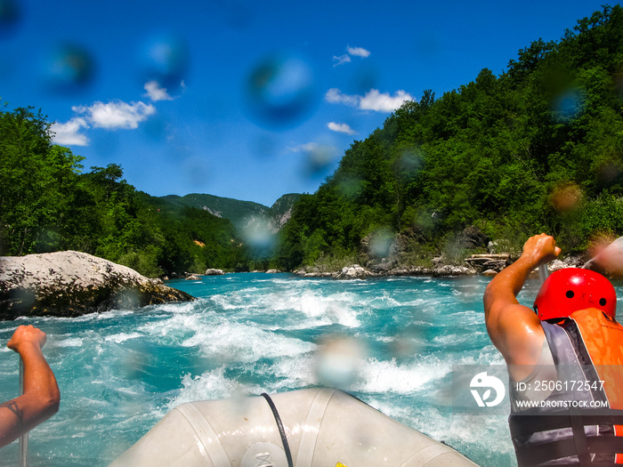 rafting boat on the fast mountain river