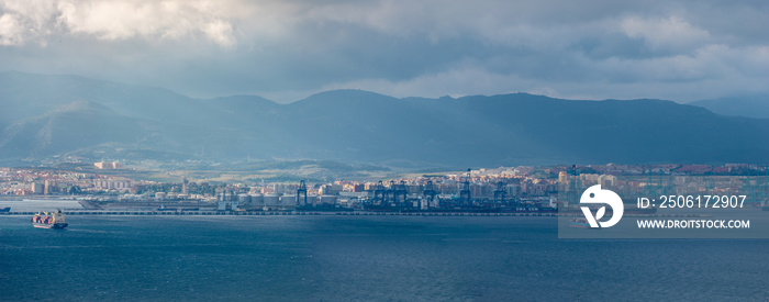 A panoramic view of the industrial port city of Algeciras taken from the Rock of Gibraltar during an