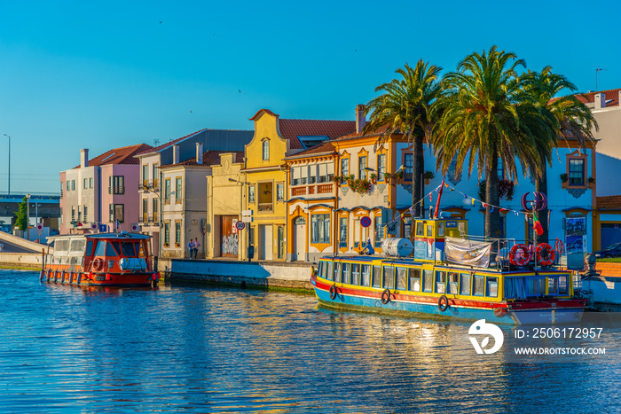 Moliceiro boats mooring alongside the central channel at Aveiro, Portugal