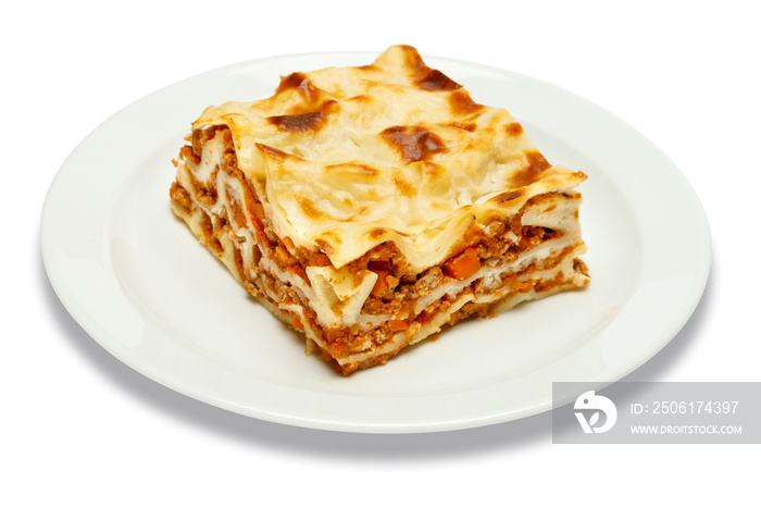 Portion of tasty lasagna isolated on white