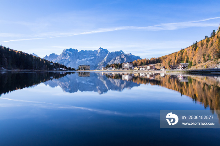 The idyllic Lago di Misurina with a picturesqueue Hotel on the shore