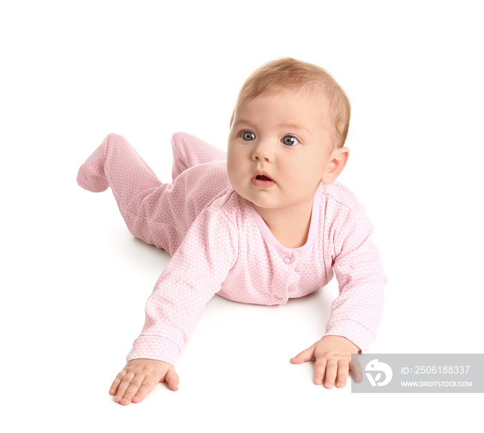 Cute baby in stylish clothes on white background